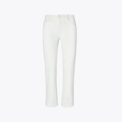 Tory Burch Sandy Superstone Washed White Cropped Straight Leg Jean In White Chalk Wash