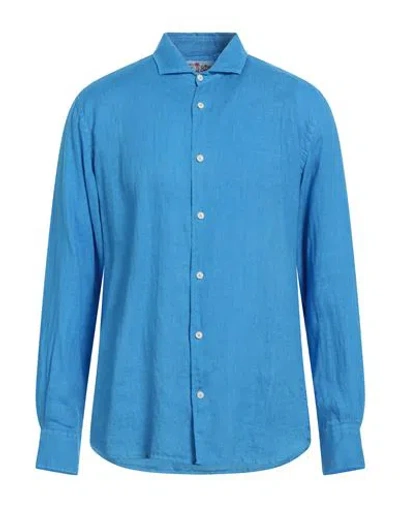 Shop Mc2 Saint Barth Man Shirt Azure Size Xxl Linen In Blue