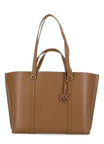 Shop Pinko Leather Shopper Bag In Brown