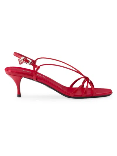 Shop Prada Women's Heeled Leather Sandals In Red