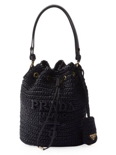 Shop Prada Women's Crochet And Leather Mini-bucket Bag In Black