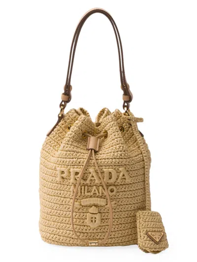 Shop Prada Women's Crochet And Leather Mini-bucket Bag In Beige Khaki