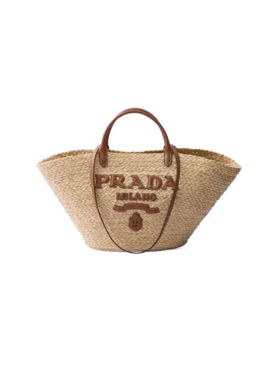 Shop Prada Women's Large Woven Fabric And Leather Tote Bag In Brown