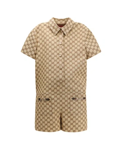 Shop Gucci Gg Original Fabric Jumpsuit In Brown