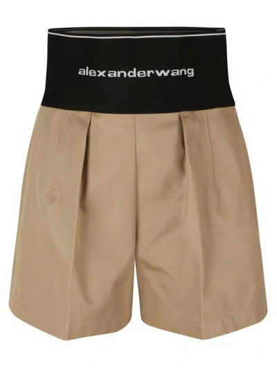 Shop Alexander Wang Chino Brown Logo-waist Pleat-detail Shorts