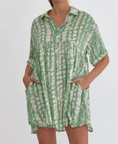 Shop Entro Satin Printed Shirt Dress In Green Tea