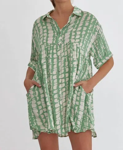 Entro Satin Printed Shirt Dress In Green Tea In Green
