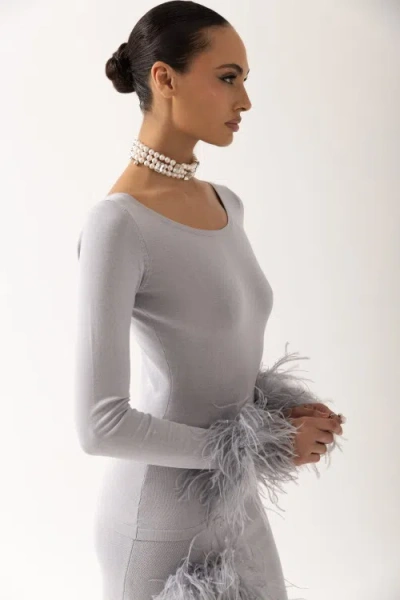 Shop Andreeva Grey Knit Top With Detachable Feather Cuffs