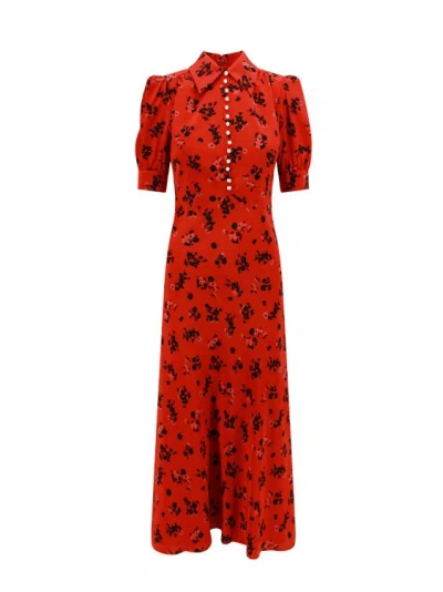 Shop Alessandra Rich Silk Long Dress With Rose Print In Orange
