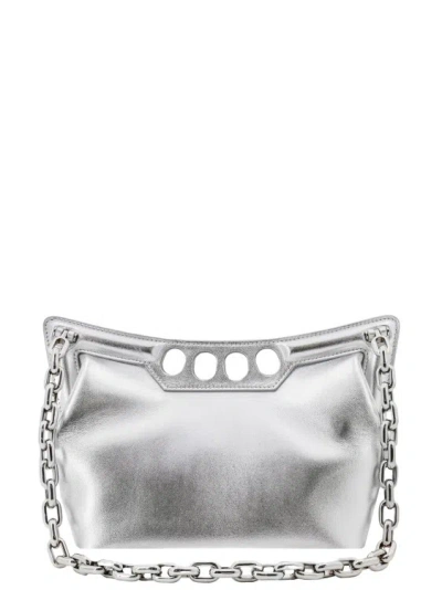 Shop Alexander Mcqueen Laminated Leather Shoulder Bag With Logo Print In Silver