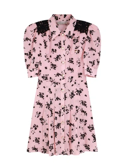 Shop Alessandra Rich Silk Dress With Rose Print In Pink