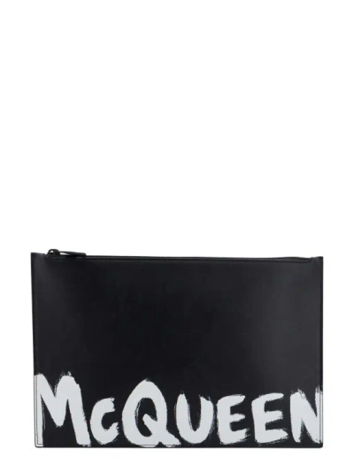 Shop Alexander Mcqueen Leather Clutch With Mcqueen Graffiti Logo In Black