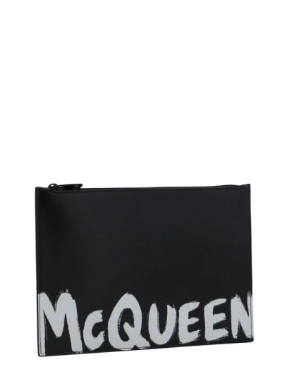 Shop Alexander Mcqueen Leather Clutch With Mcqueen Graffiti Logo In Black