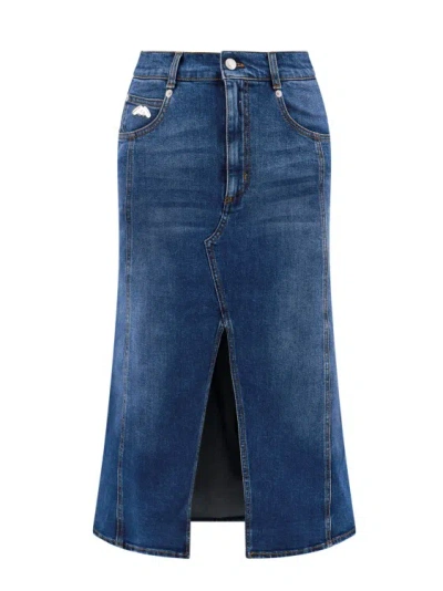 Shop Alexander Mcqueen Denim Skirt With Back Logo Patch In Blue