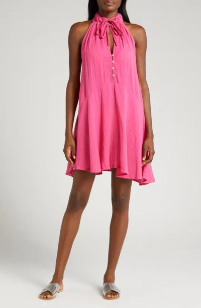 Shop Elan Button Front Cotton Cover-up Minidress In Hot Pink