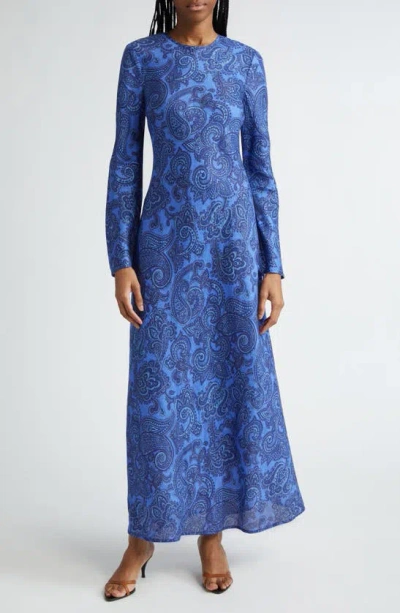 Shop Zimmermann Ottie Paisley Long Sleeve Open Back Linen Maxi Dress In Blue Paisley