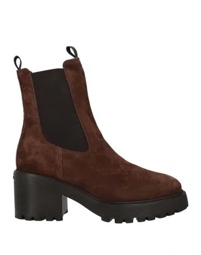 Shop Hogan Woman Ankle Boots Dark Brown Size 8 Leather, Textile Fibers