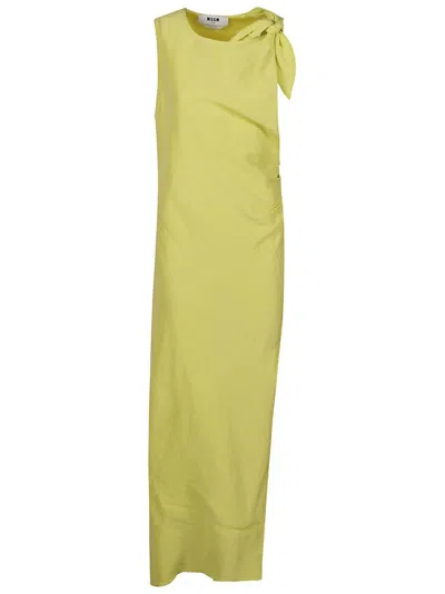 Shop Msgm Bow Detailed Sleeveless Asymmetric Midi Dress In Yellow