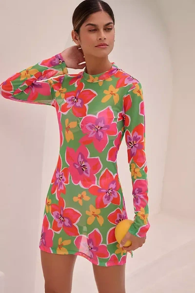 Shop Sanctuary Long-sleeve Mock-neck Mesh Mini Dress In Multicolor