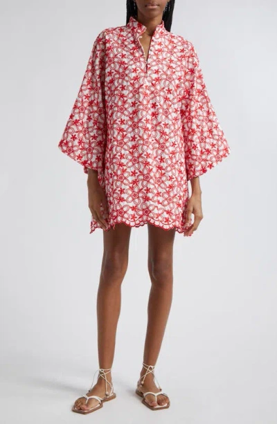 Shop La Vie Style House Floral Embroidered Cover-up Mini Caftan In Red/ White