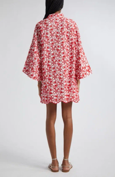 Shop La Vie Style House Floral Embroidered Cover-up Mini Caftan In Red/ White