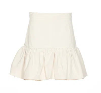 Shop Patou High Waist Ruffled Denim Mini Skirt In Beige