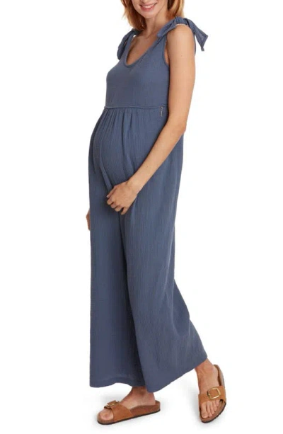 Shop Cache Coeur Canyon Organic Cotton Gauze Maternity/nursing Jumpsuit In Midnight Blue