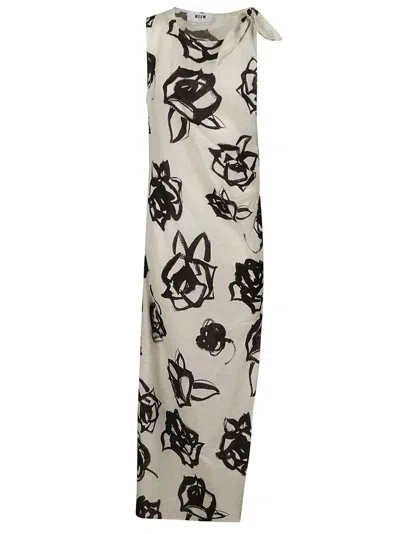 Shop Msgm Floral Printed Sleeveless Asymmetric Midi Dress In Multi