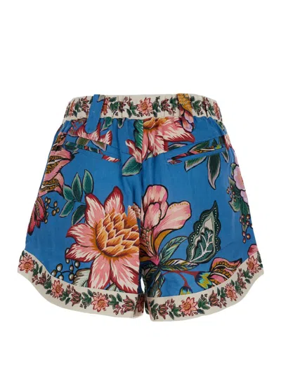 Shop Farm Rio Multicolor Shorts With 'bouquet Euroflax' Print In Linen Woman In Blue