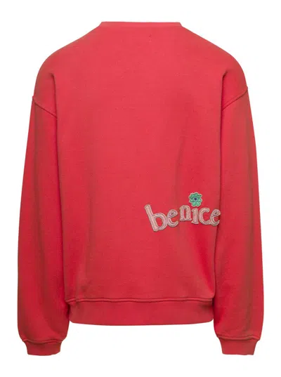 Shop Erl Red Crewneck Sweatshirt With Embroidered Logo In Cotton Man