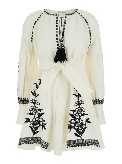 Shop Anjuna White Mini Dress With Floreal Embroidery And Tassels In Linen Woman