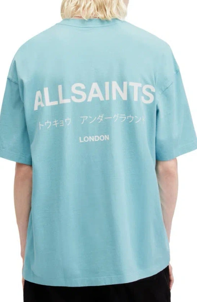 Shop Allsaints Underground Oversize Organic Cotton Graphic T-shirt In Costello Blue