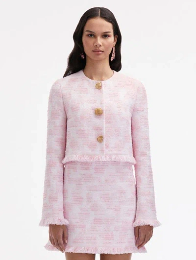 Shop Oscar De La Renta Textured Tweed Jacket In White/pink