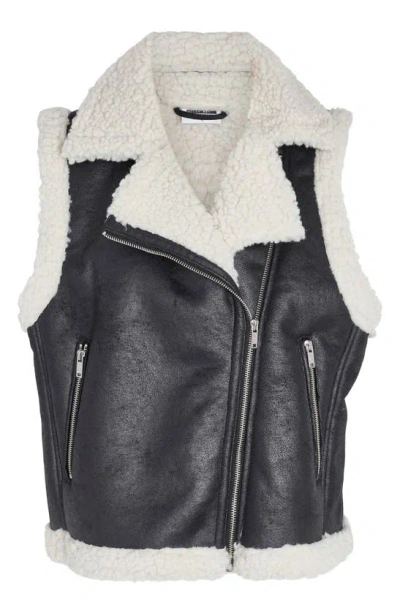 Shop Noisy May Faux Leather & Faux Shearling Moto Vest In Chestnut