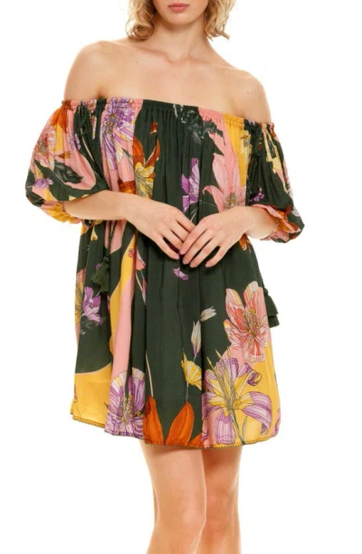 Shop Agua Bendita Liberty Vitero Floral Off The Shoulder Cover-up Minidress In Green Multicolor