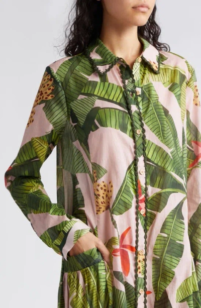 Shop Farm Rio Banana Leaves Cotton Cover-up Maxi Shirtdress In Banana Leaves Pink
