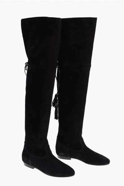 Shop Celine Over The Knee Suede Boots With Laces And Tassels Detail