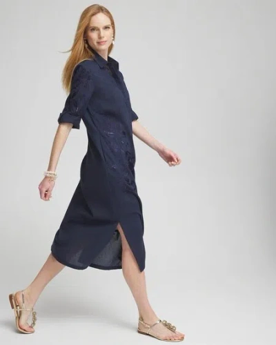 Shop Chico's Embroidered Shirt Dress In Navy Blue Size 14-l |
