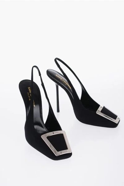 Shop Saint Laurent Slingback Crepe Sandals With Statement Buckle Heel 11 Cm