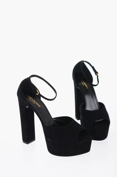 Shop Saint Laurent Suede Sandals With Strap And Plaform Sole Heel 14 Cm
