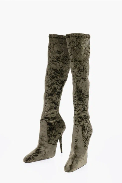 Shop Saint Laurent Pointed Velour Knee-lenght Boots Heel 11 Cm