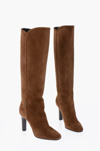 Shop Saint Laurent Suede Knee-high Boots Heel 8 Cm