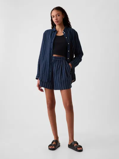 Shop Gap 365 High Rise Linen-blend Shorts In Navy Blue Pinstripe