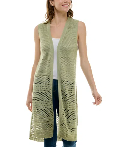 Shop Ultra Flirt Juniors' Open-knit Pointelle Duster Sweater Vest In Fresh Sage