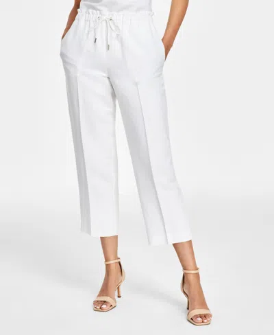 Shop Anne Klein Women's Linen-blend Mid Rise Drawstring-waist Crop Pants, Regular & Petite In Bright White
