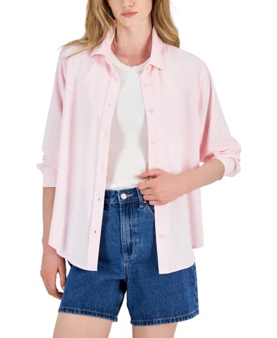 Shop Ultra Flirt Juniors' Button-up Long-sleeve Boyfriend Shirt In Cloud Pink