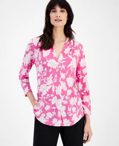 Shop Jm Collection Women's Floral-print 3/4-sleeve V-neck Top, Created For Macy's In Bright Pink Combo