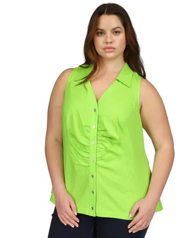 Shop Michael Kors Michael  Plus Size Linen Button-front Sleeveless Top In Green Apple