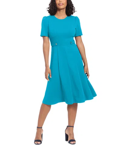 Shop London Times Petite Fit & Flare Scuba Crepe Midi Dress In Blue Atoll