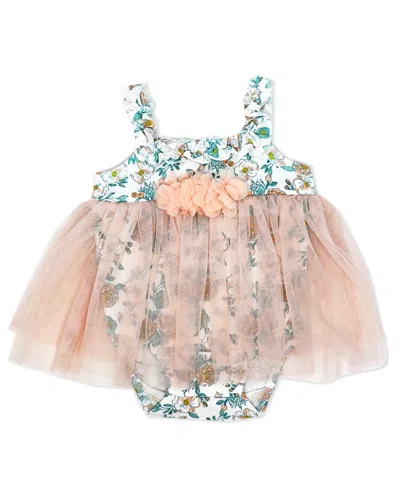 Shop Baby Mode Baby Girls 2 Piece Peach Floral Romper With Tulle Over Skirt And Matching Headband